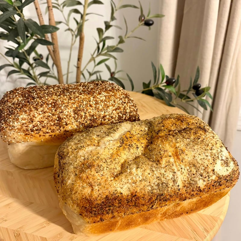 Everything sourdough loaves with sesame and poppy seeds