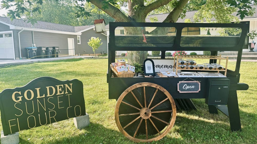 The original Golden Sunset Flour Co. wagon cart on Sunset Drive